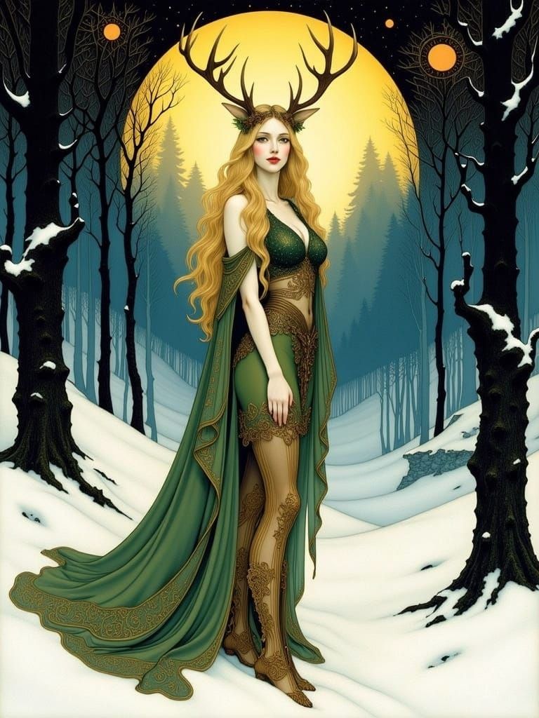 Antlered Woman in Snowy Forest, Illustration Style