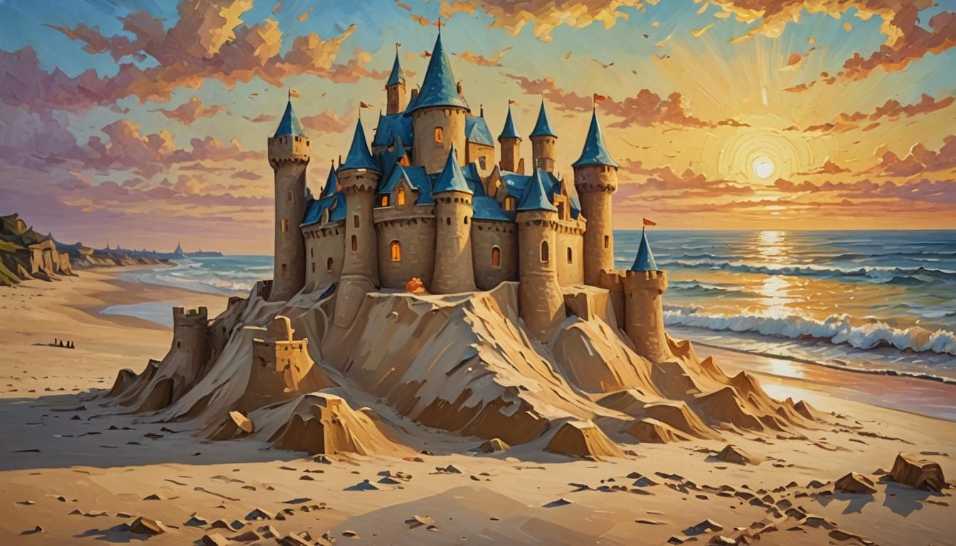 Sunset Sandcastle: Impressionist Painting in Van Gogh Style