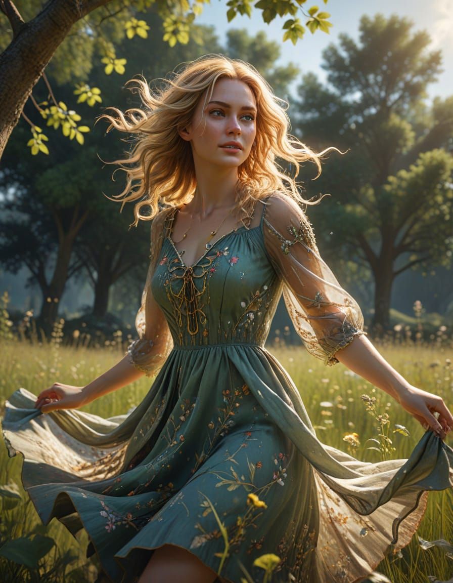 Fantasy Concept Art of Woman Swinging in Meadow