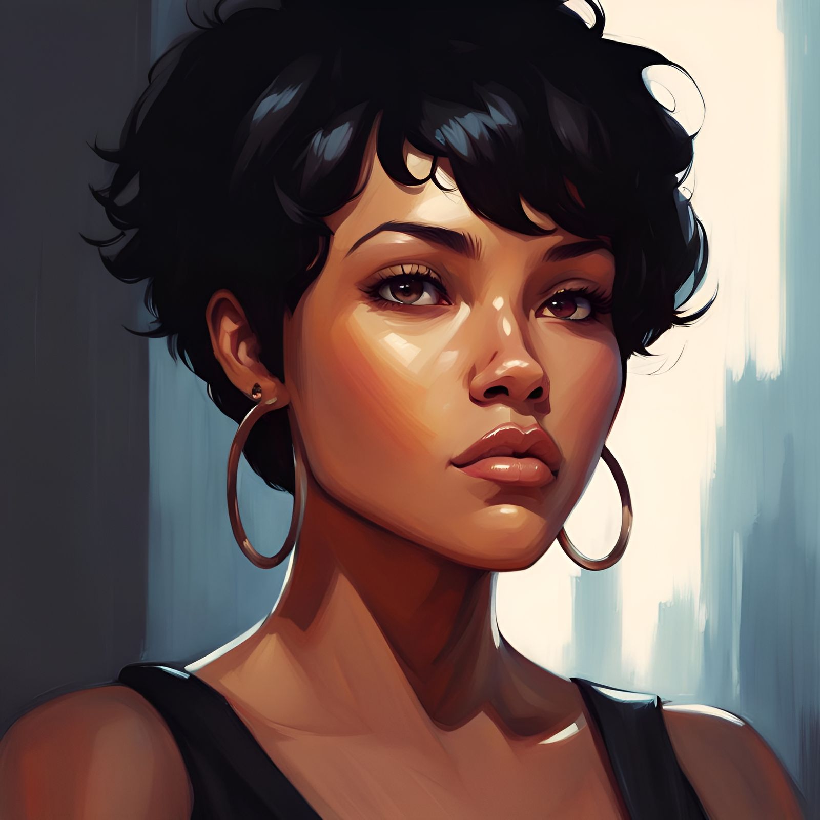 Cute black woman with short pixie cut hair, jet black hair