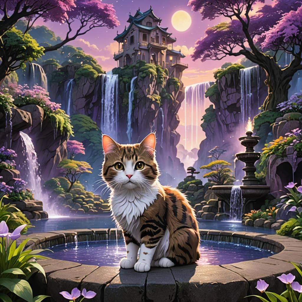 Magical Fairy Cat in Ghibli Garden