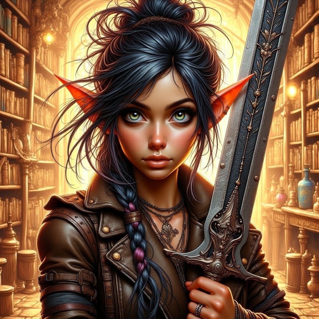 Fierce Half-Elf Warrior in a Dynamic Fantasy Scene