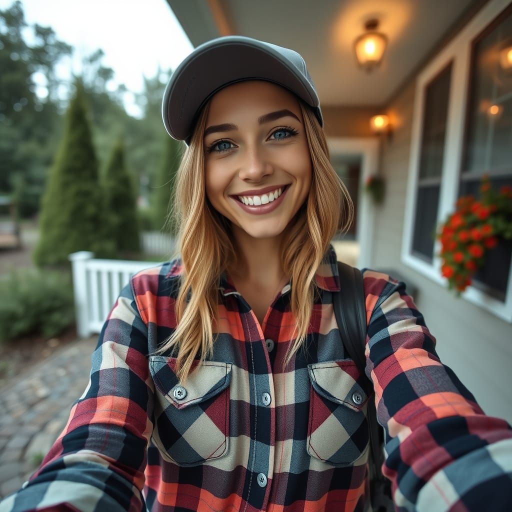 Cute American Woman Selfie on Front Porch