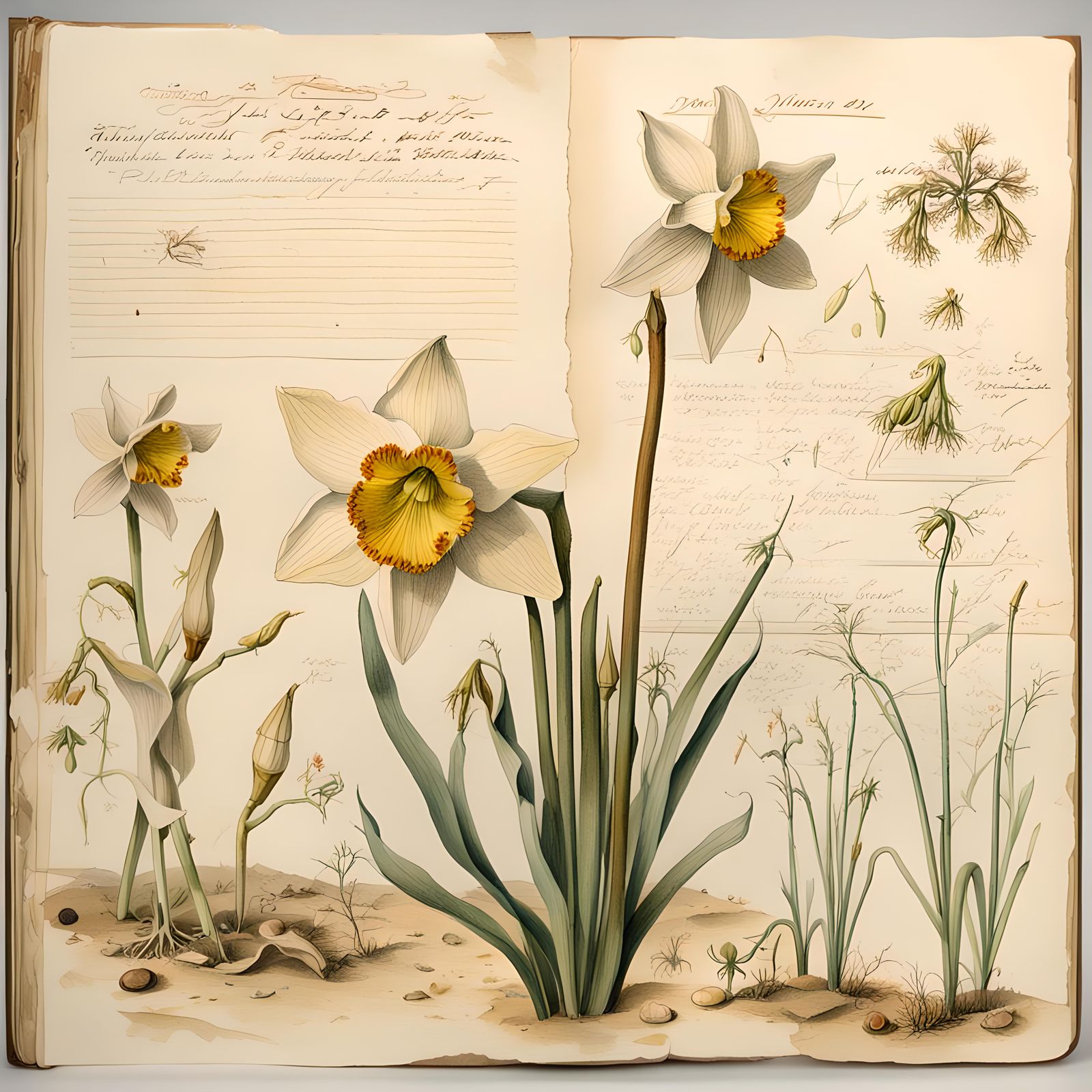 Victorian Botanical Illustration of Narcissus in Notebook