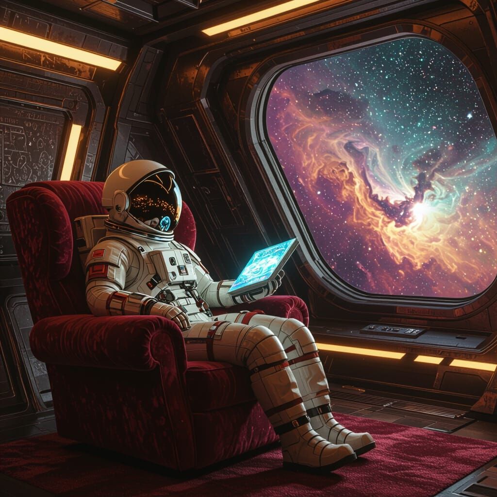 Astronaut Reading Hologram in Retro Spaceship