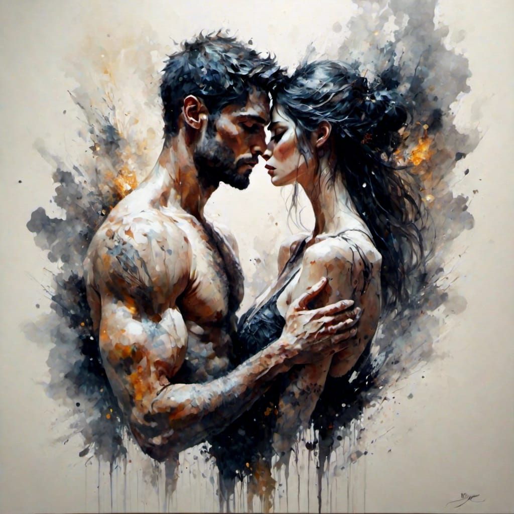 Passionate Lovers Embraced in Fire and Smoke
