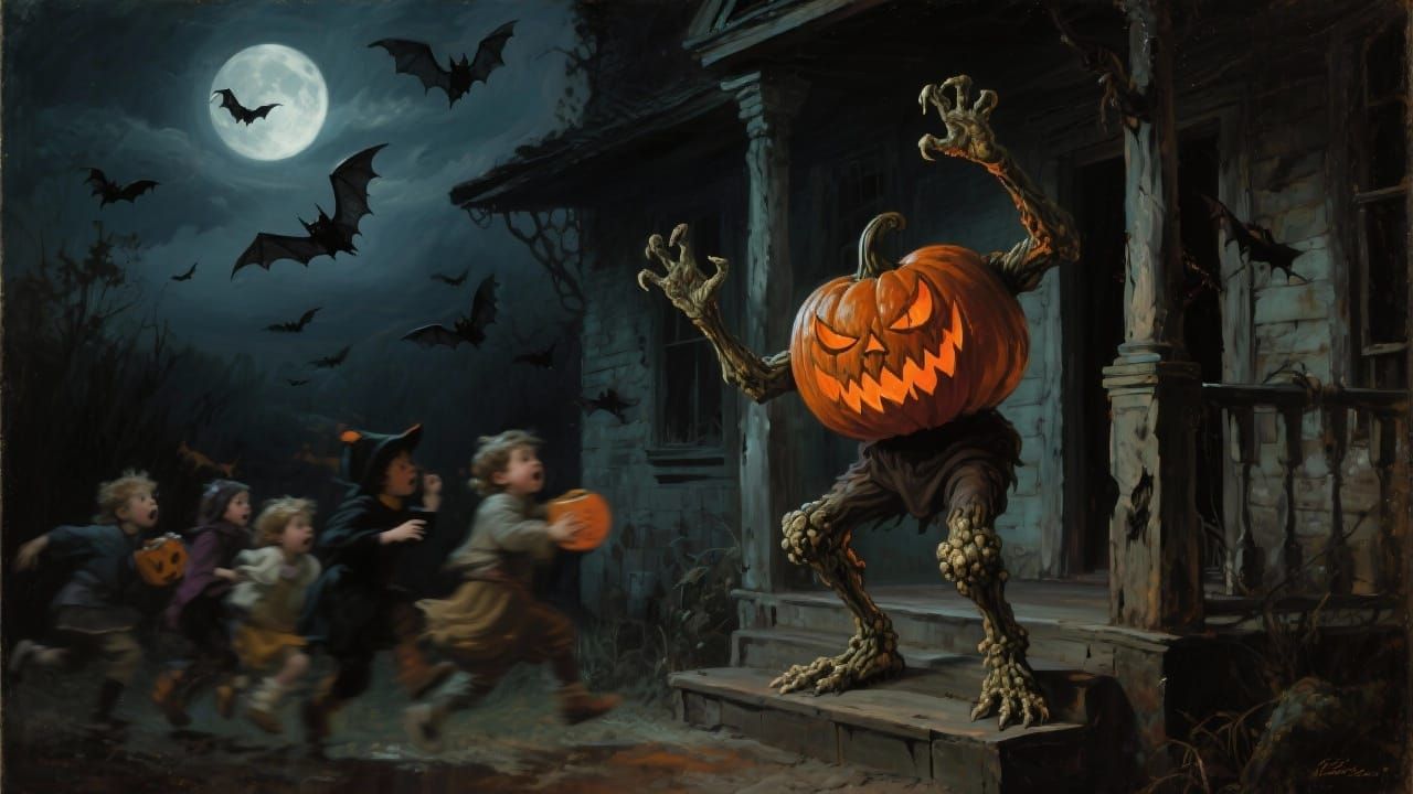 Menacing Jack-O-Lantern on Haunted Porch