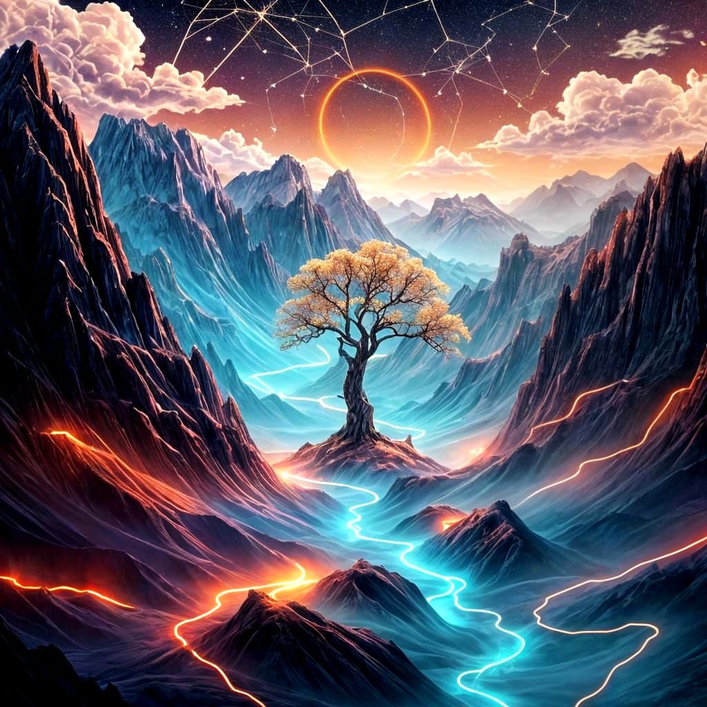 Surreal Digital Landscape: Histogram Mountains & Data Rivers