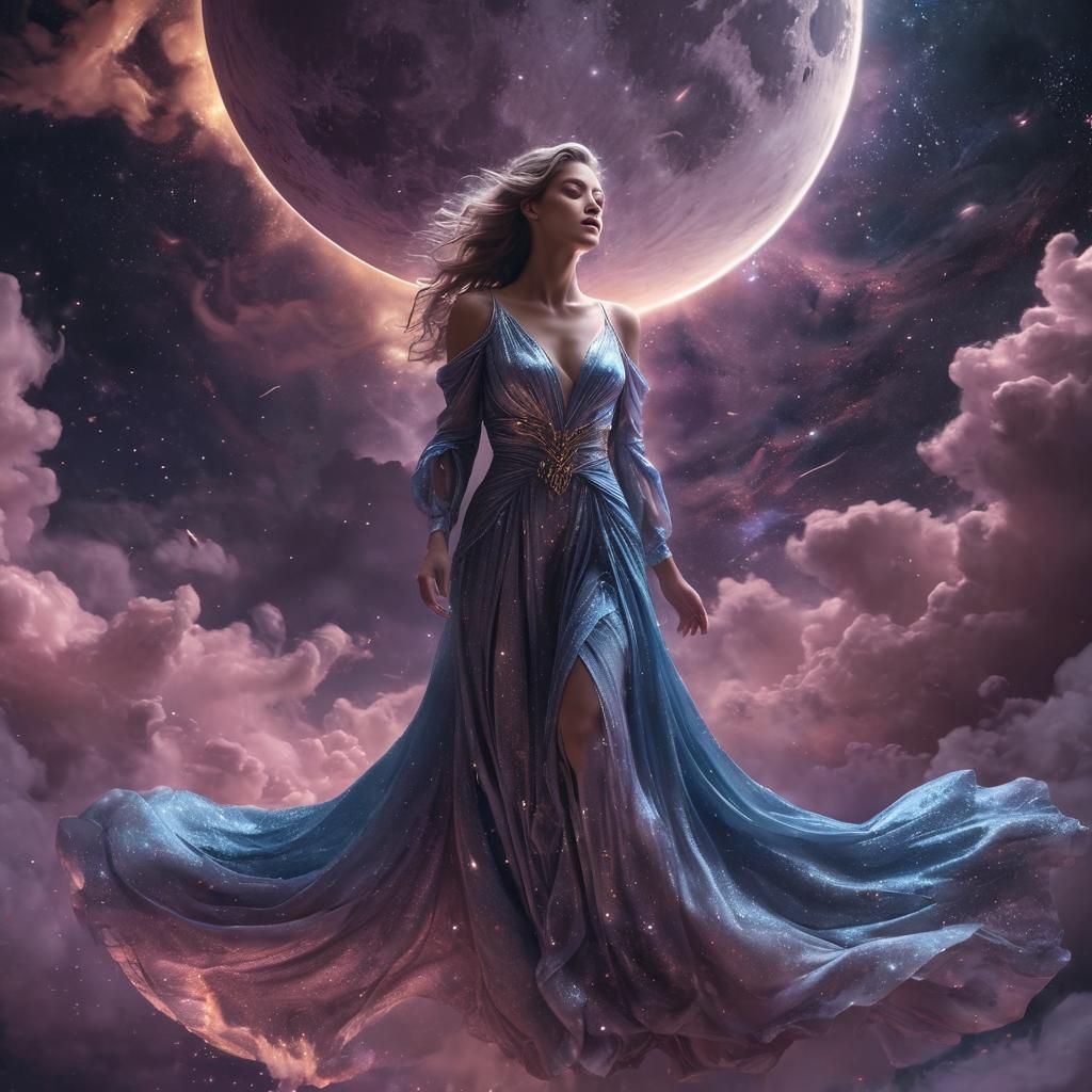 Ethereal Woman Drifting Towards the Moon in Space