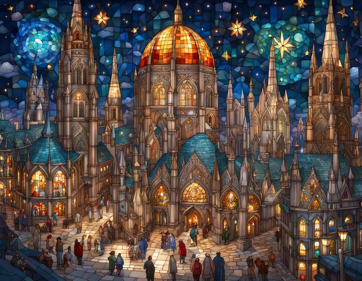 Stained Glass Cityscape with Starry Sky