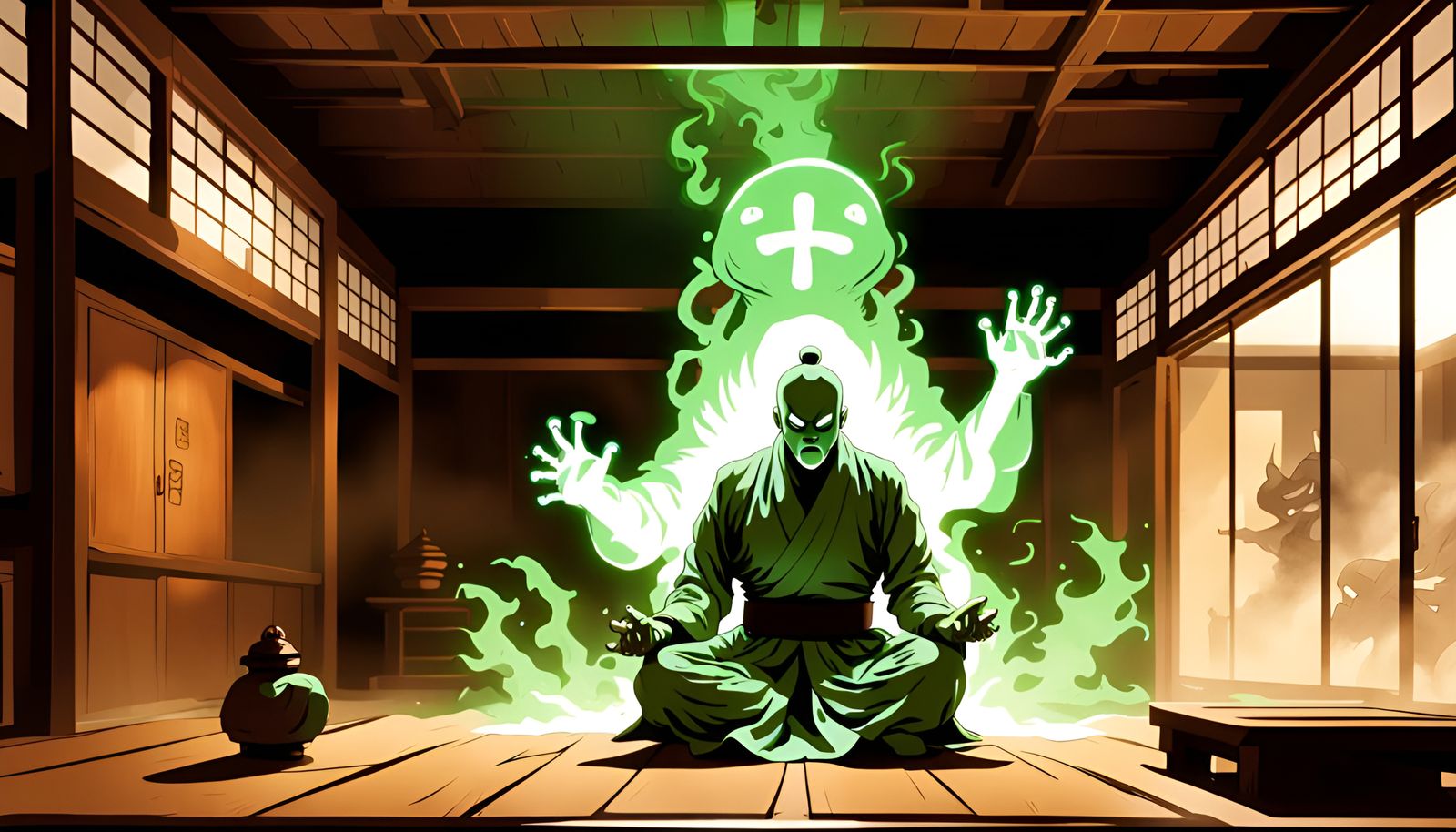 Ectoplasmic Ghost Attacks Meditating Man in Dojo