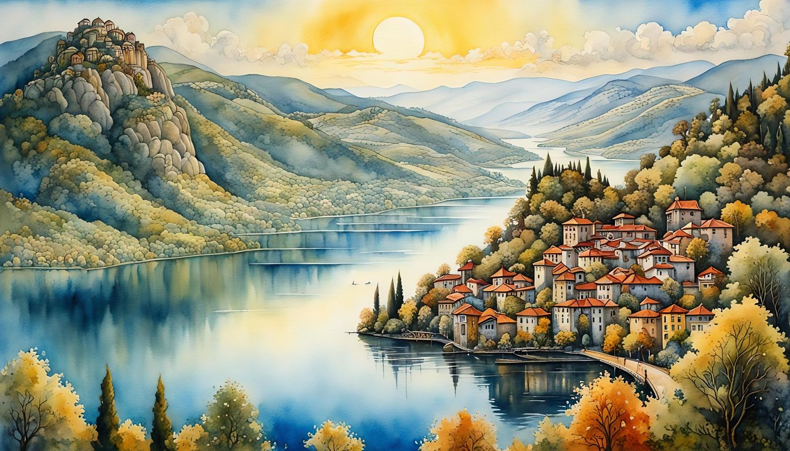 Lake Kastoria Fresco Painting in Vibrant Colors