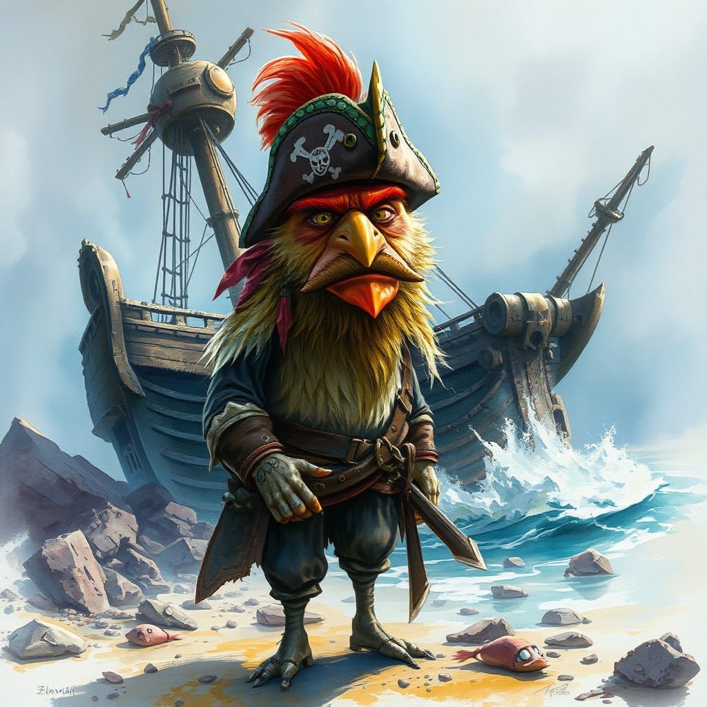 Grumpy Pirate Chicken in Detailed Watercolor Painting