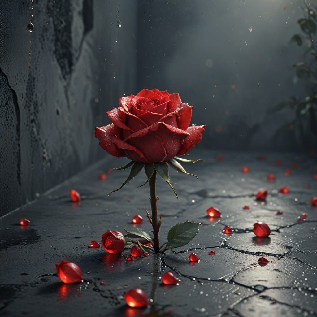Teardrop Red Rose on Concrete, Macabre Romanticism Style