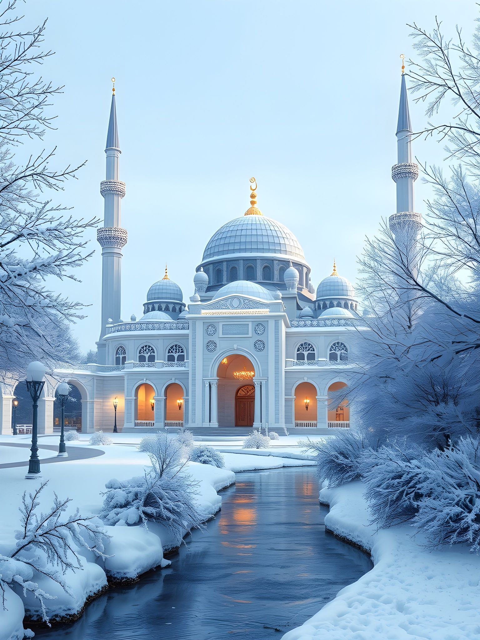 Enchanted Winter Mosque in a Snowy Landscape