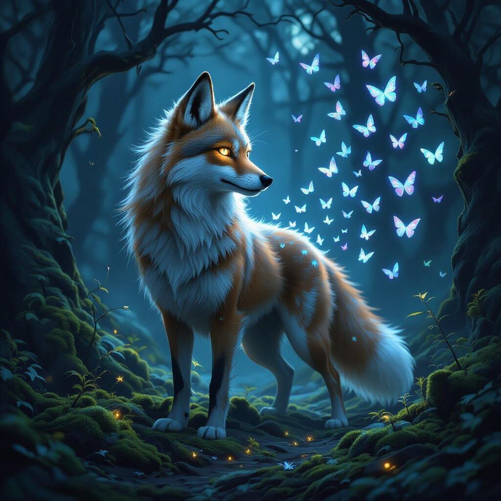 Mystical Dog-Fox Hybrid in Moonlit Forest