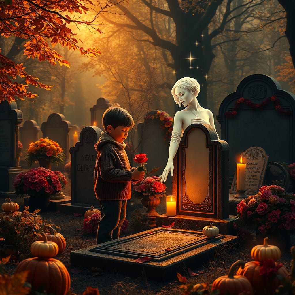 Ethereal Cemetery Scene with Glowing Grandmother