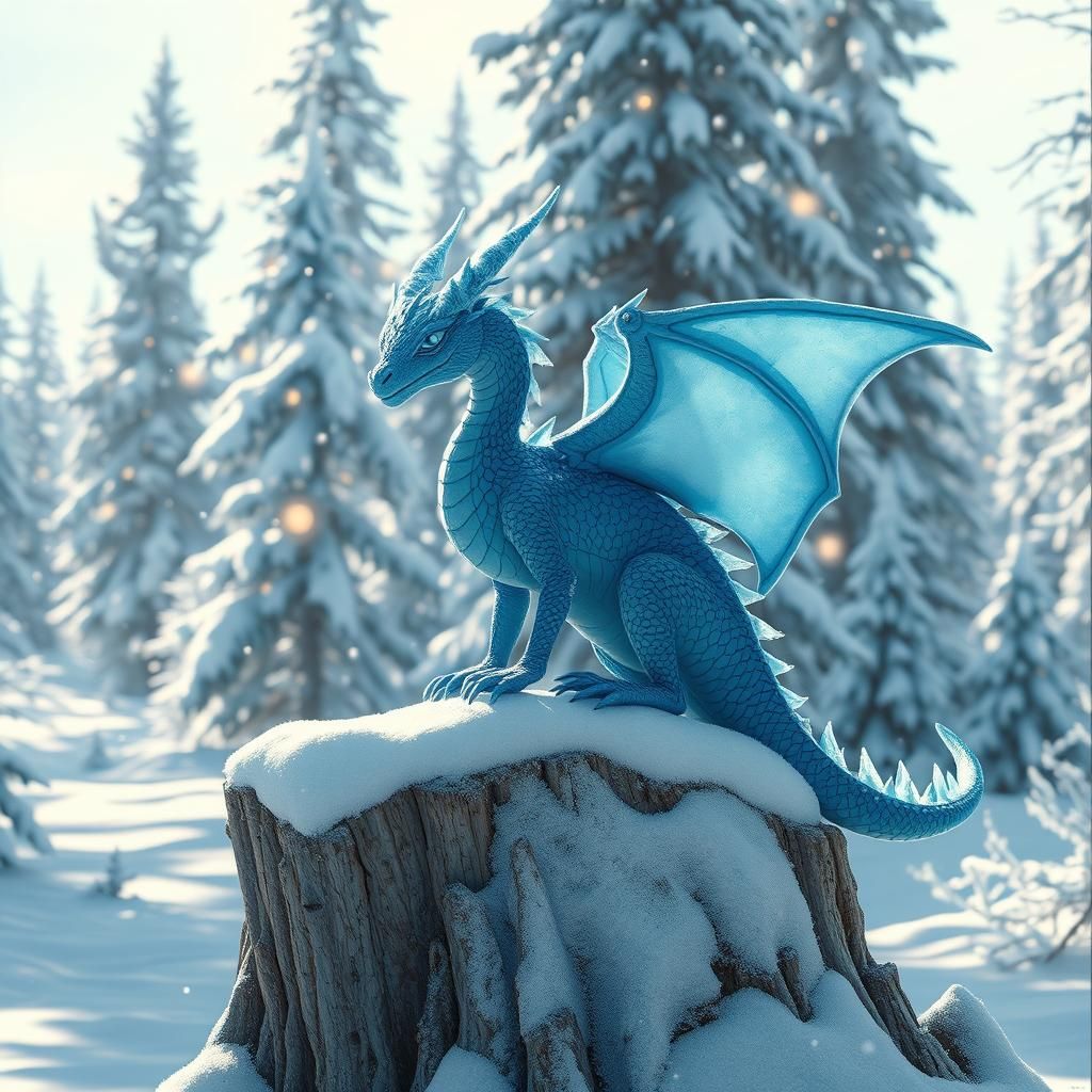 Blue Dragon in Snowy Forest, Digital Painting