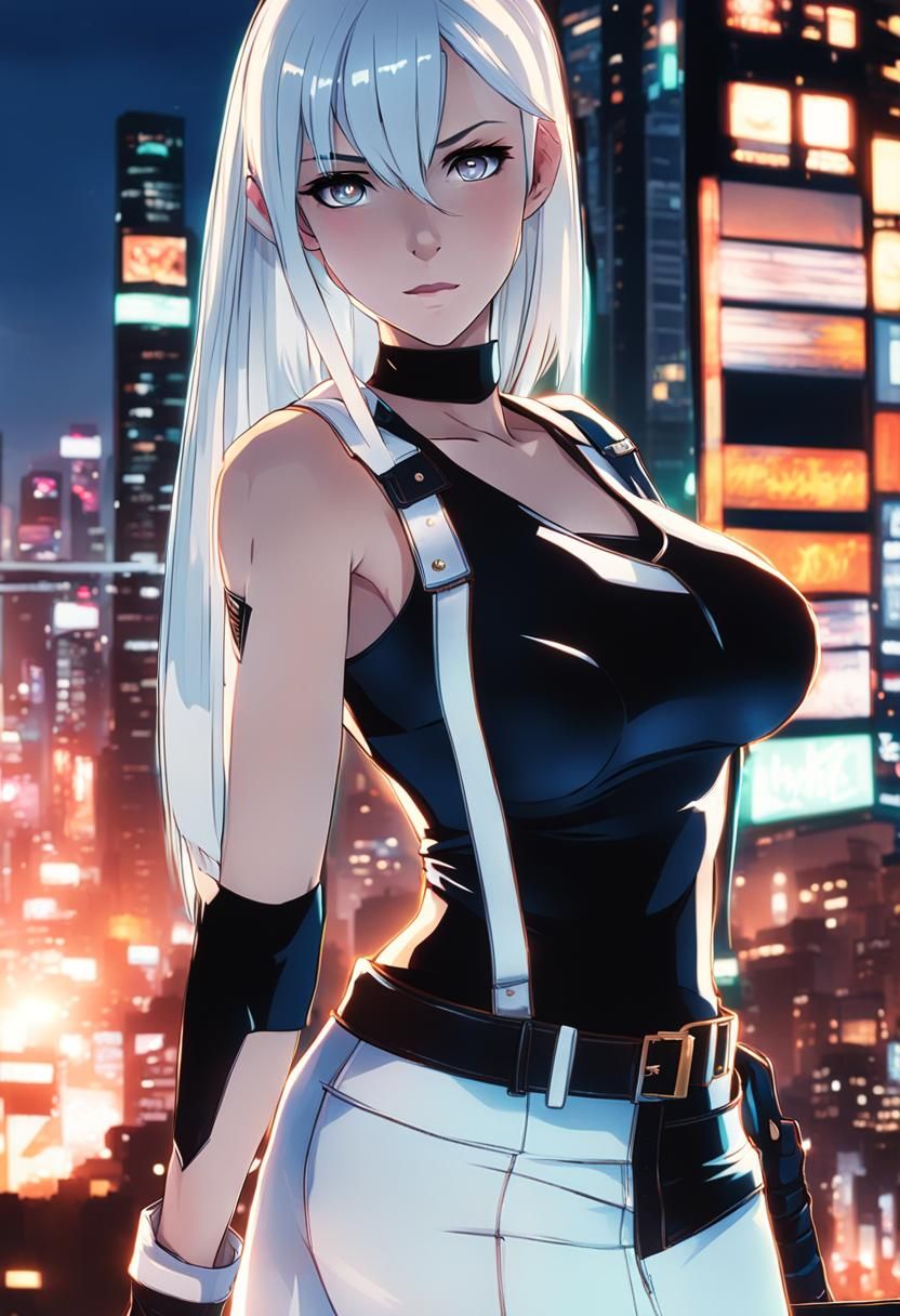 Seductive Anime Warrior in Cityscape Splendor