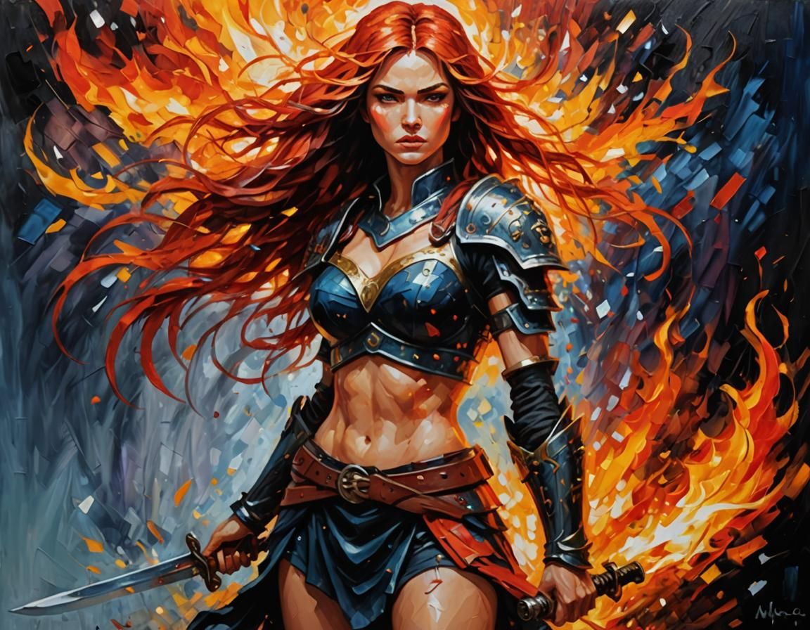 Fiery Warrior Girl: Expressionist Oil Painting