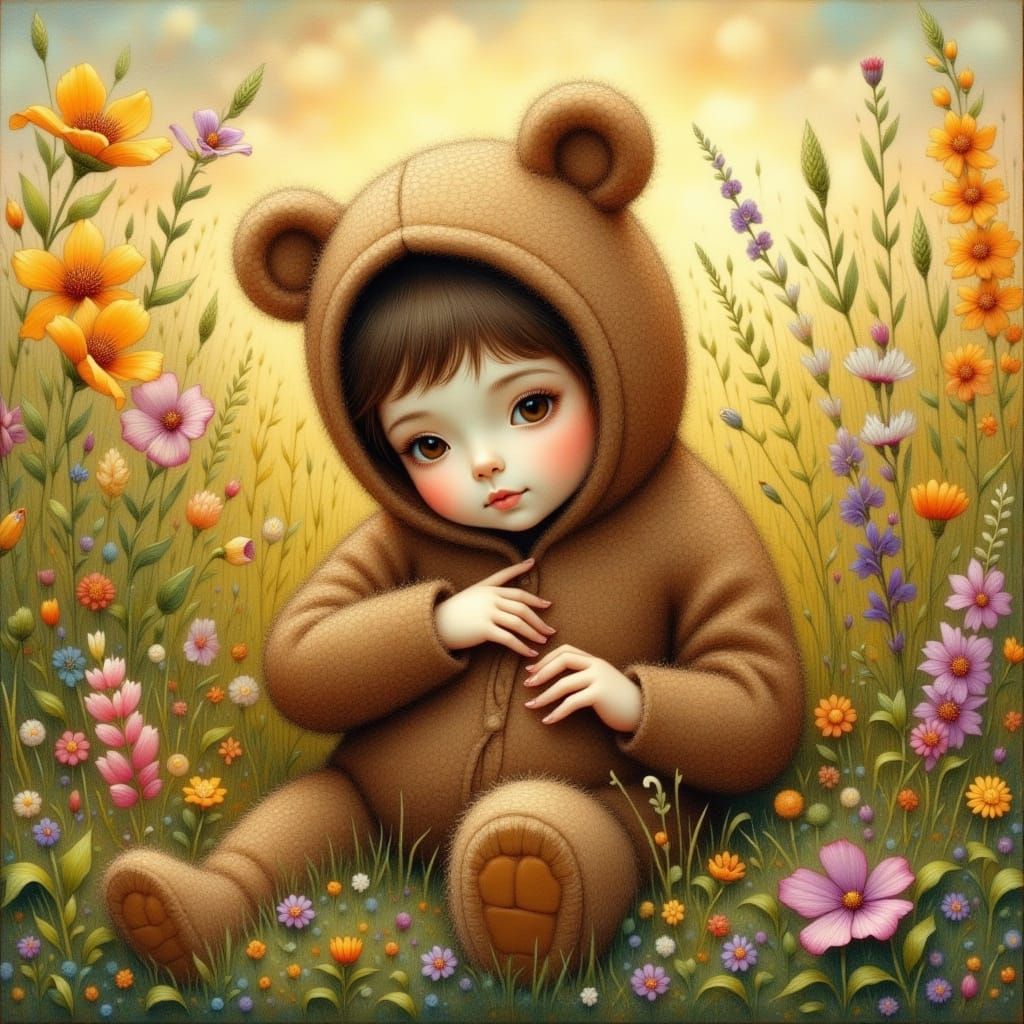 Toddler in Teddy Bear Onesie in Dreamy Garden