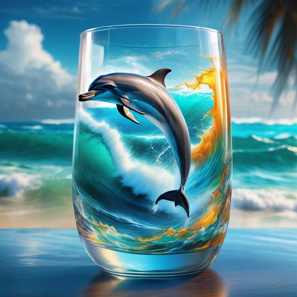 Dolphin in Glass: Hyperrealistic Splash Art Seascape
