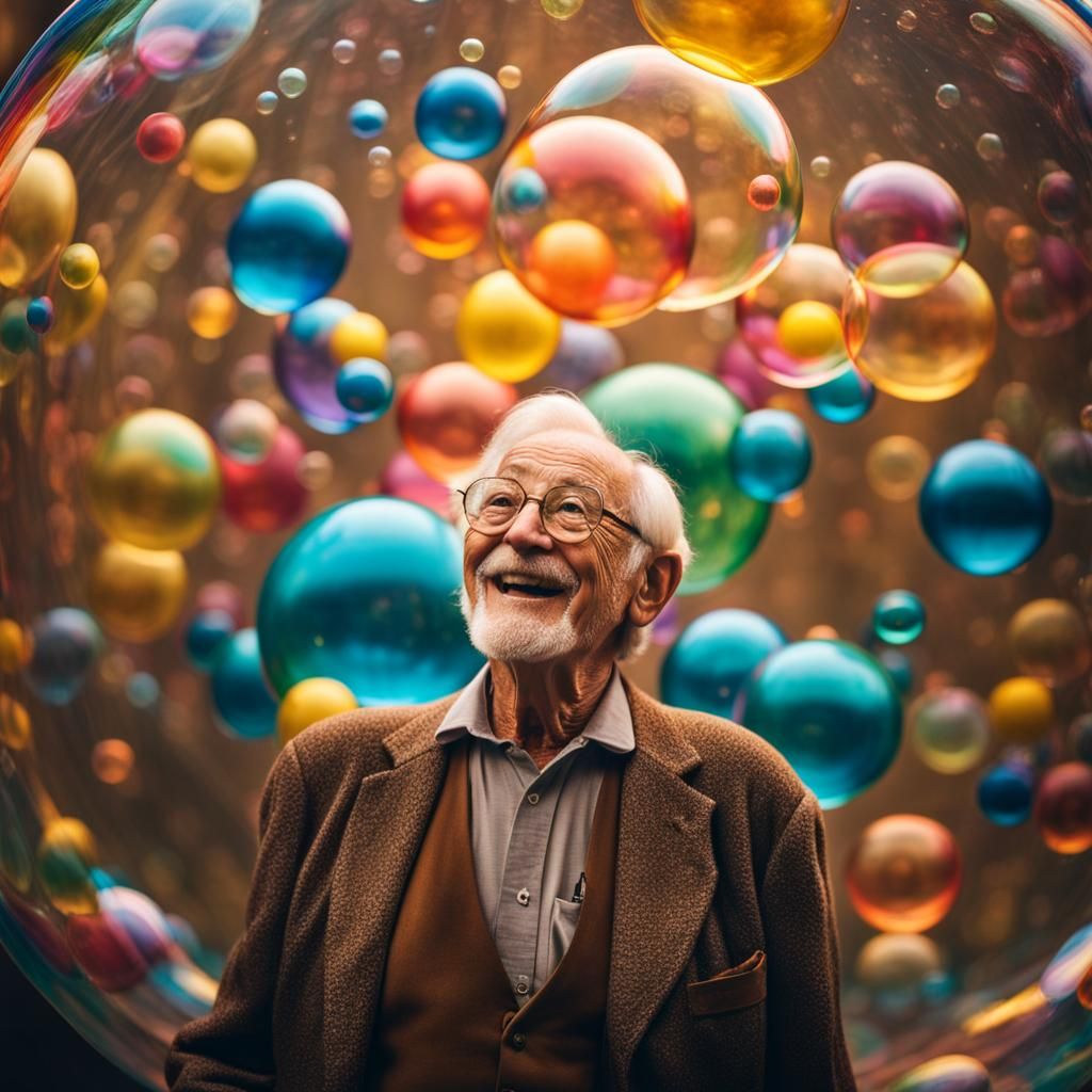 Joyful Old Man in a Giant Colorful Bubble