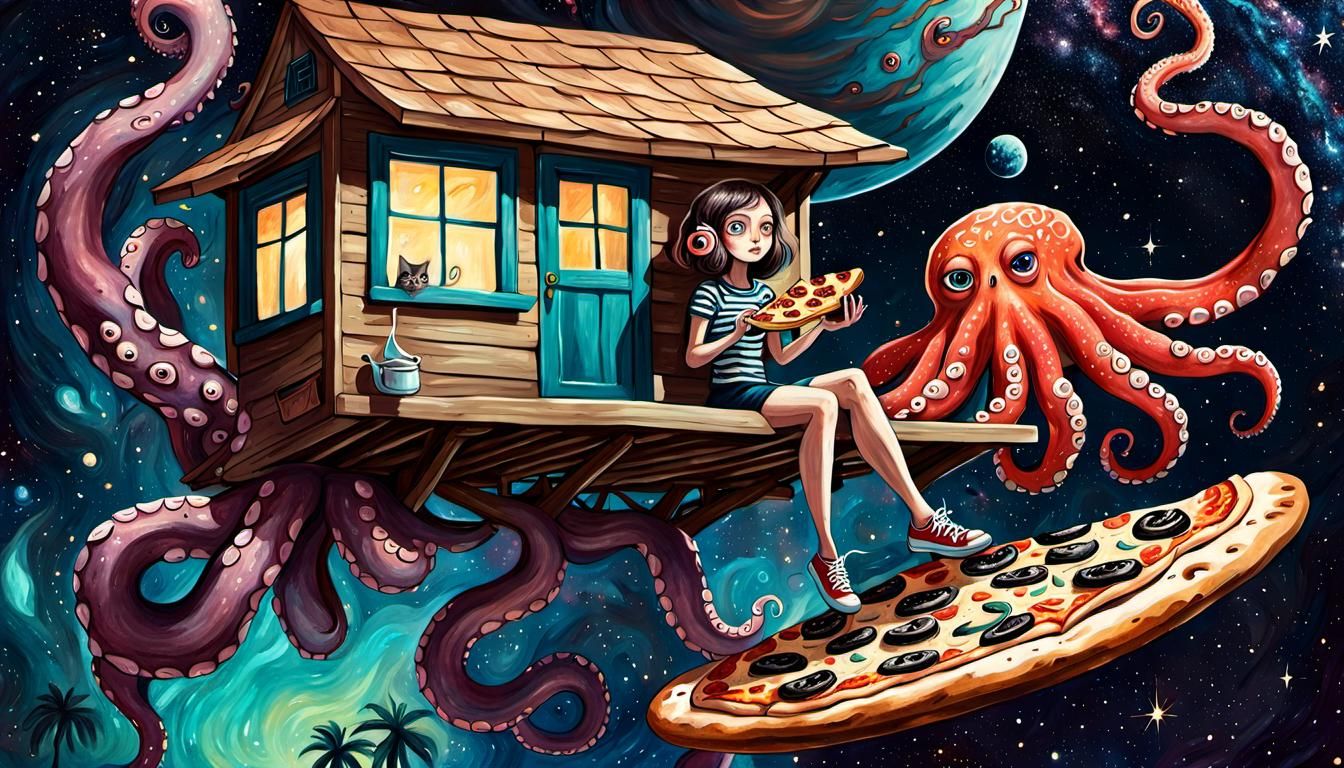 a cat and an octopus eating pizza in a treehouse in space