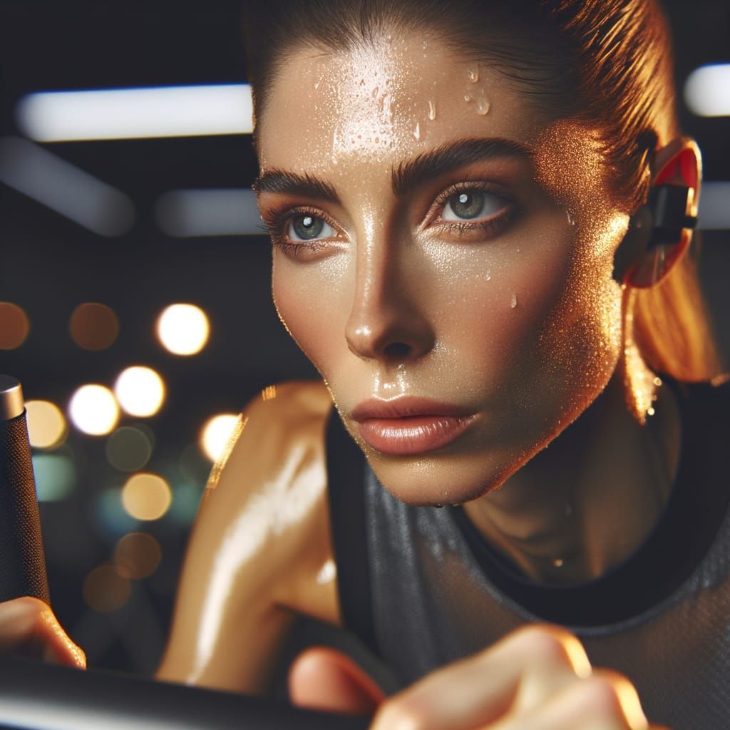 Elegant Woman Sweating on Exercise Bike