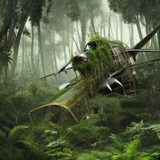 Crashed Plane Reclaimed by Forest: Digital Matte Painting