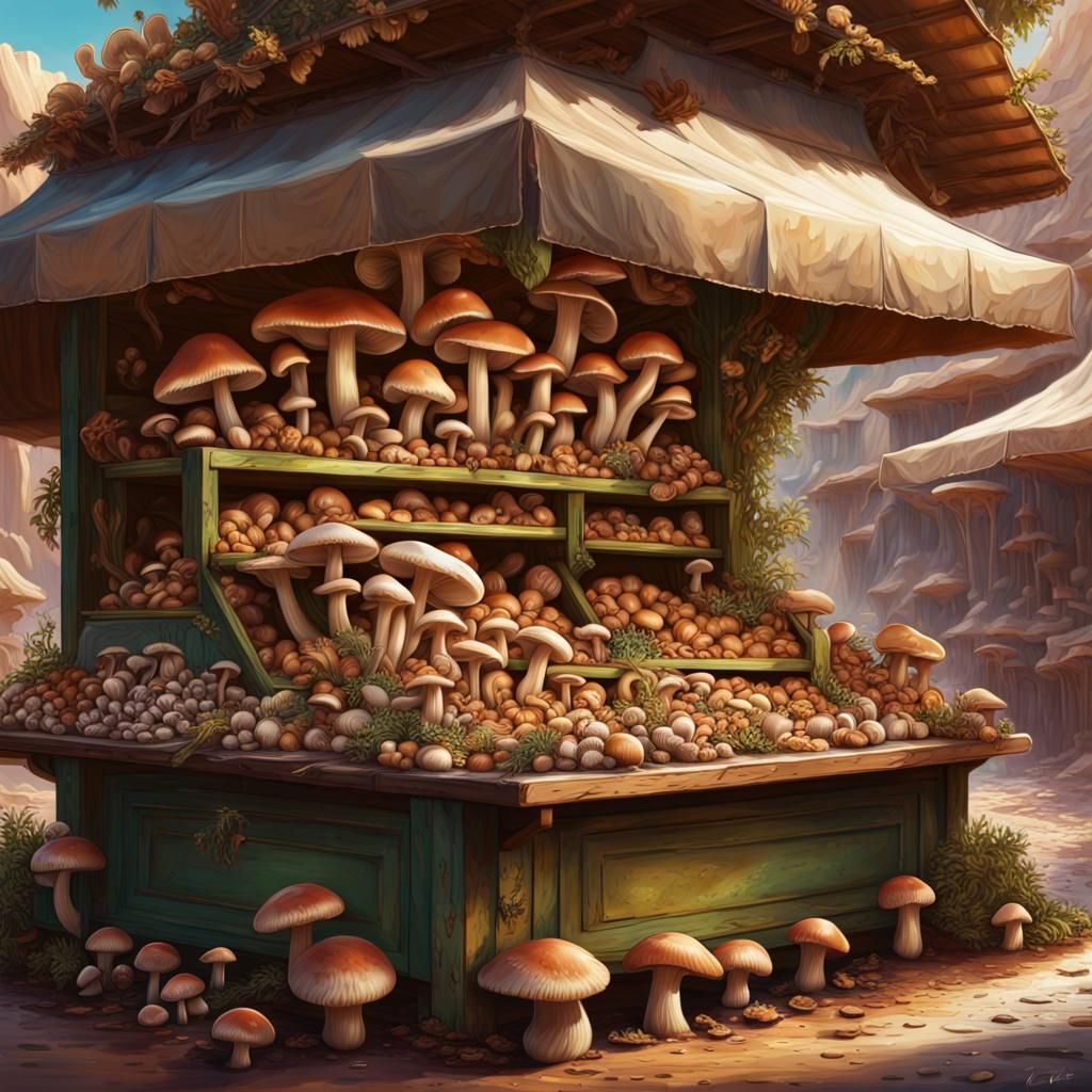 Hyperrealistic Desert Oasis Mushroom Market