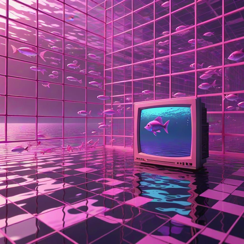 Vibrant Retro-Futuristic Ocean Scene with Flying Pink Fish