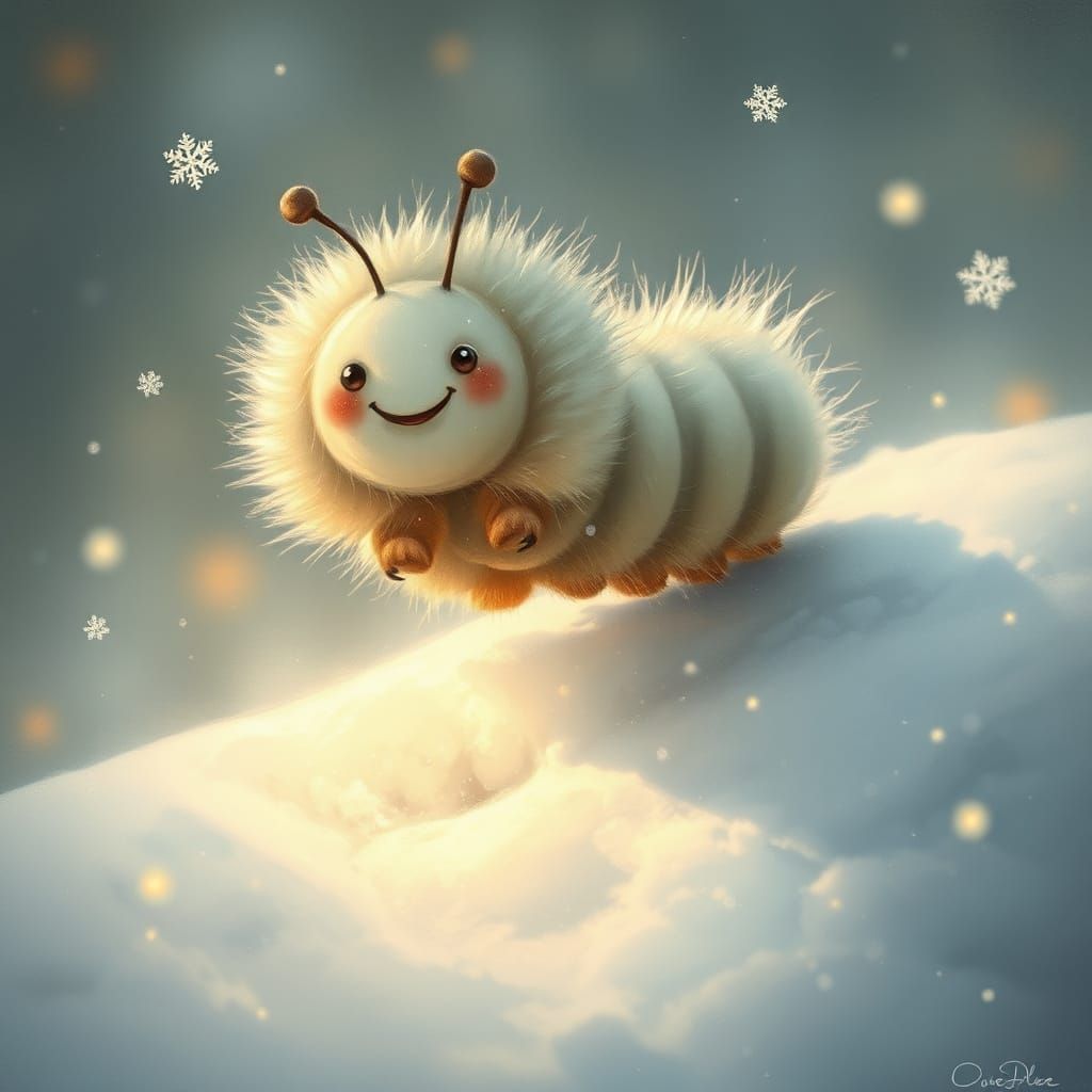 Joyful Caterpillar Touches Snow in Ethereal Painting