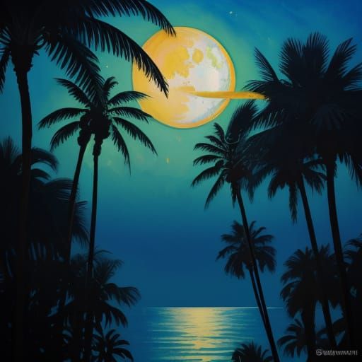 Gouache Painting of Palm Tree on Crescent Moon