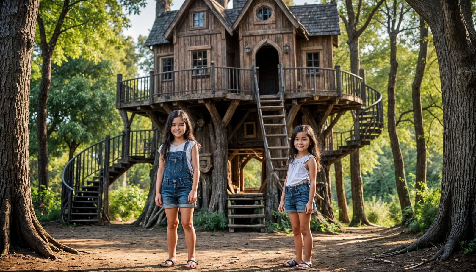 Happy Girl in Front of Fancy Forest Treehouse