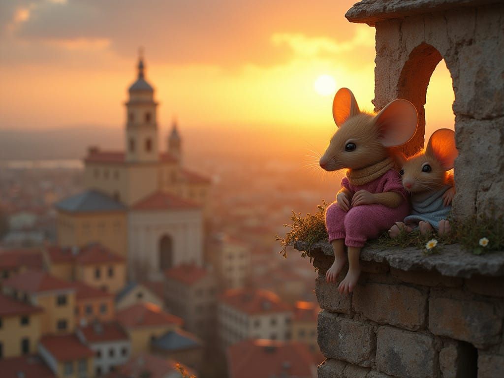 Whimsical Mouse Family Watches Sunset from Cozy Bell Tower