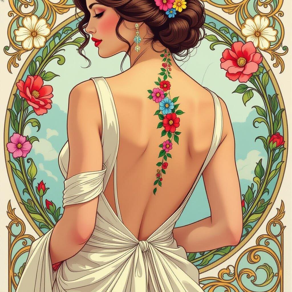 Elegant Woman with Floral Tattoo in Art Nouveau Style