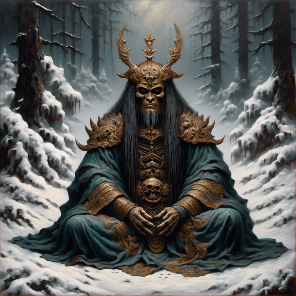 Ainu Warrior Meditating in Gloomy Winter Forest
