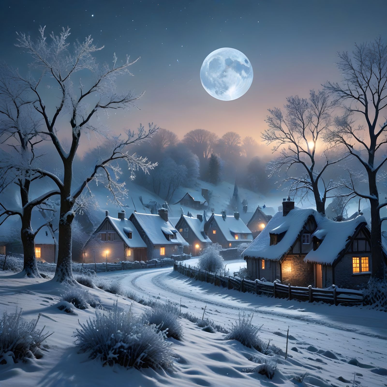 Lunar Glow Illuminates Snowy Winter Village
