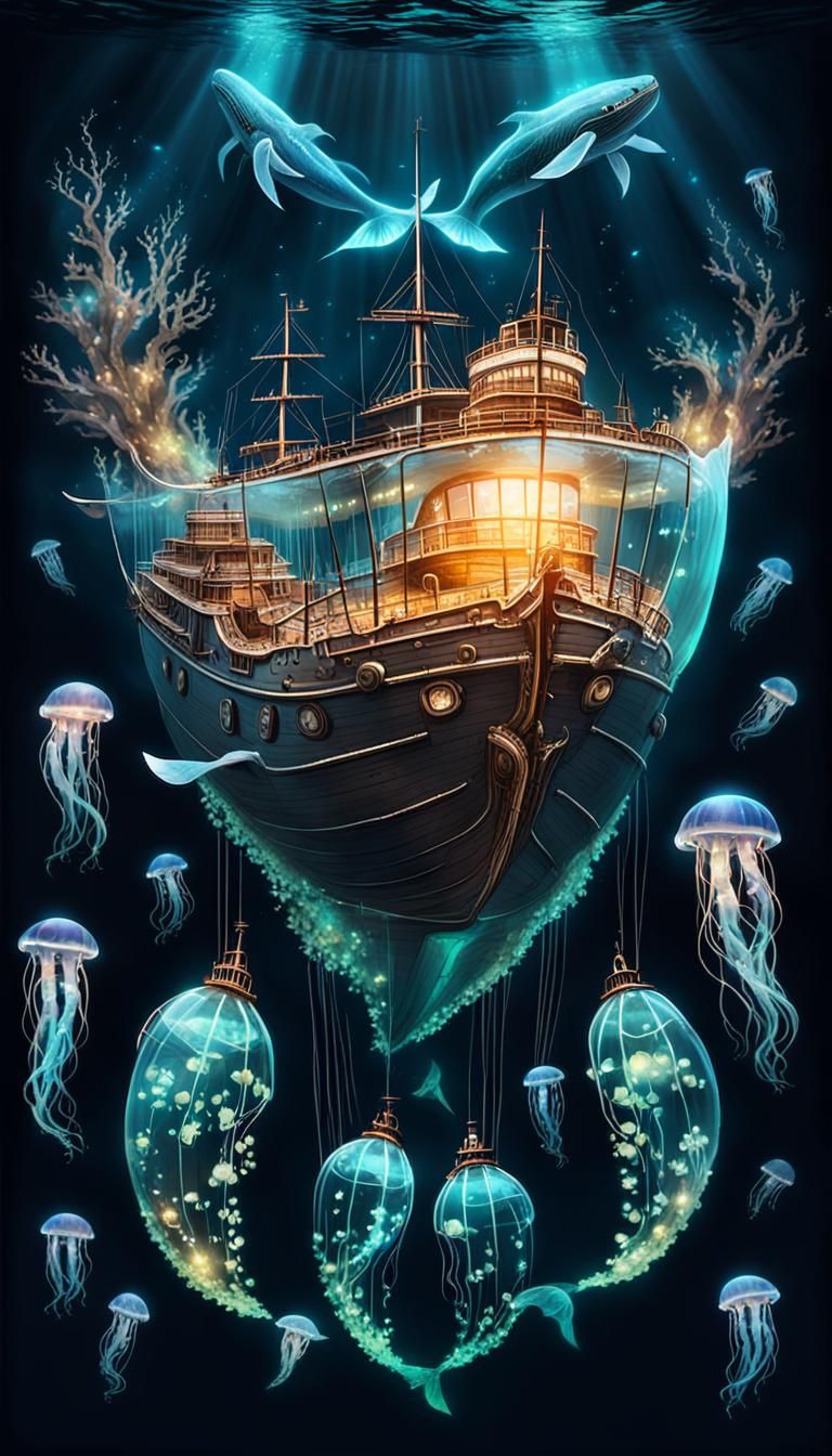 Underwater  shipwreck, ship wreck, view of a huge fantastica...