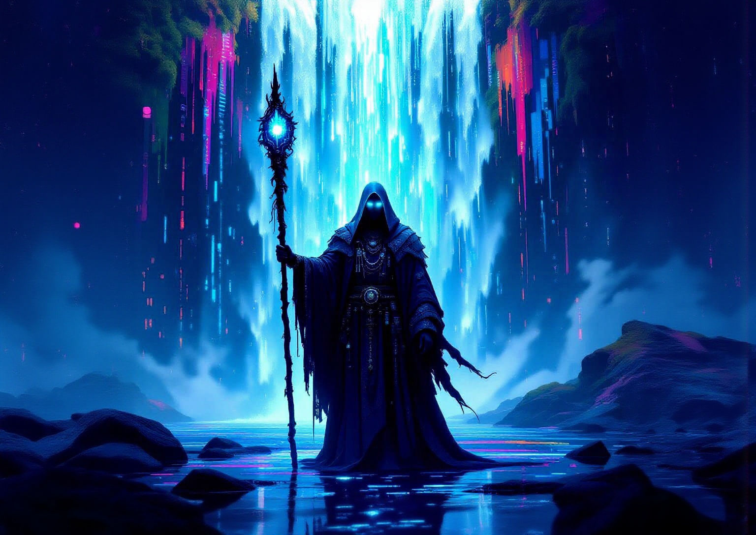 Digital Shaman Before Binary Waterfall