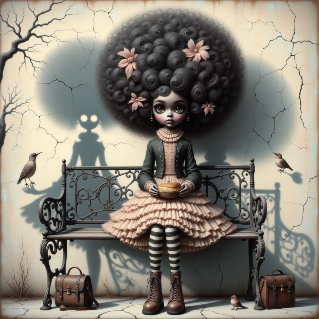 Doll-Like Girl with Afro in Impasto Style