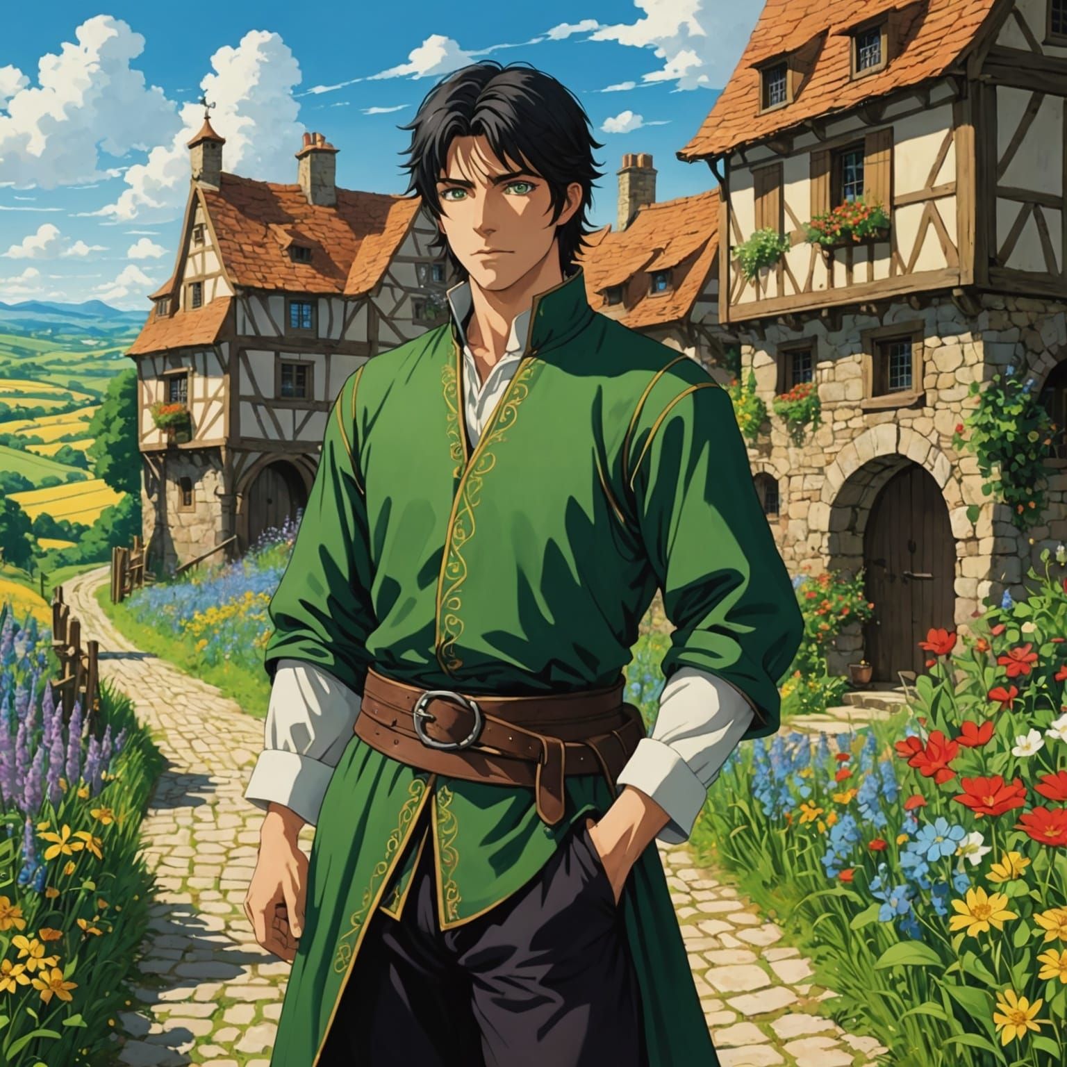 Anime Village Crossroads with Black-Haired Man