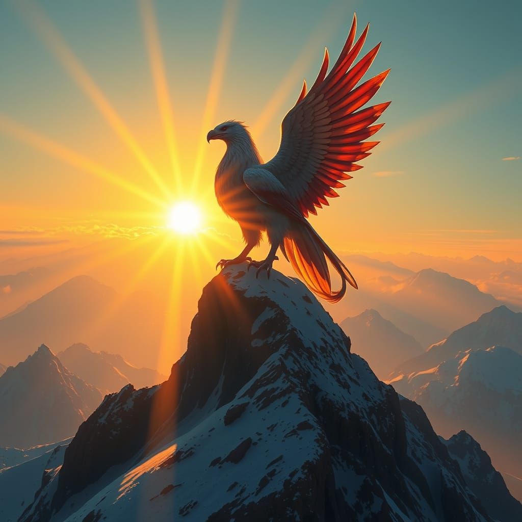 Griffin Perched on Snowy Peak at Sunset