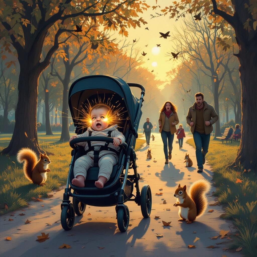 Surreal Squirrel Eruption in Park at Dusk