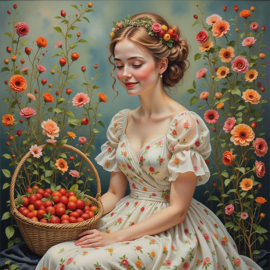 Smiling Girl with Strawberries in Impressionistic Style