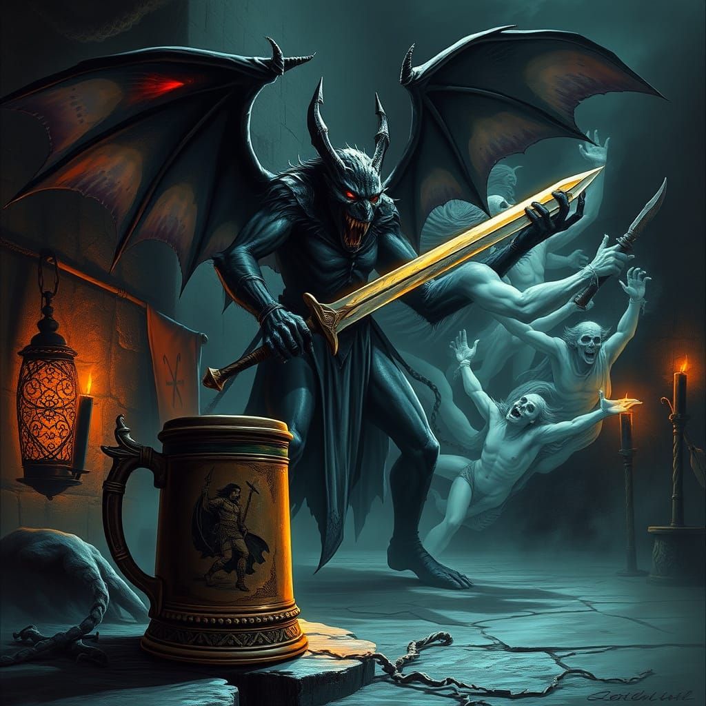 Dark Fantasy Vampire Scene with Haunted Sword and Crude Eart...
