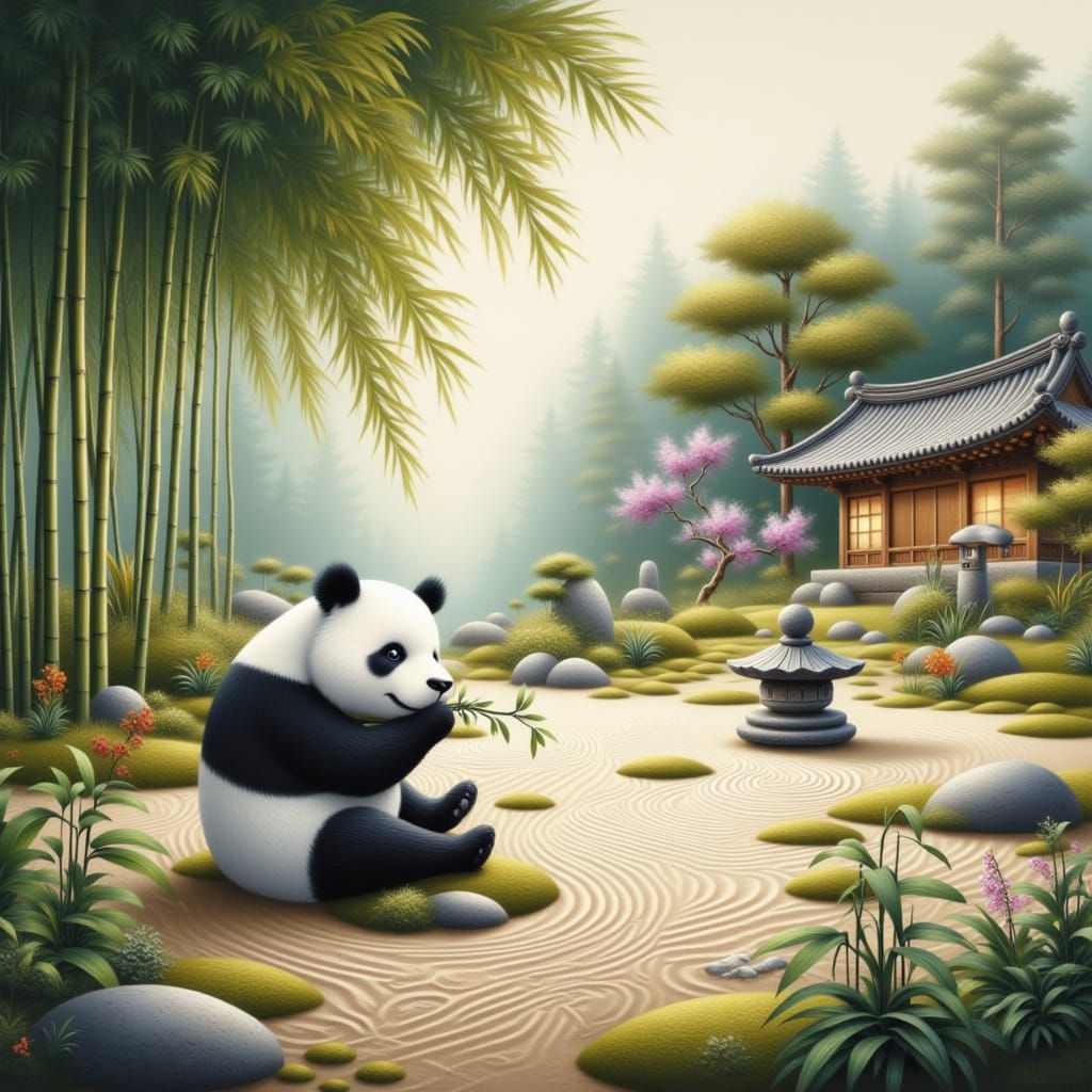 Peaceful Zen Garden with Teahouse and Panda