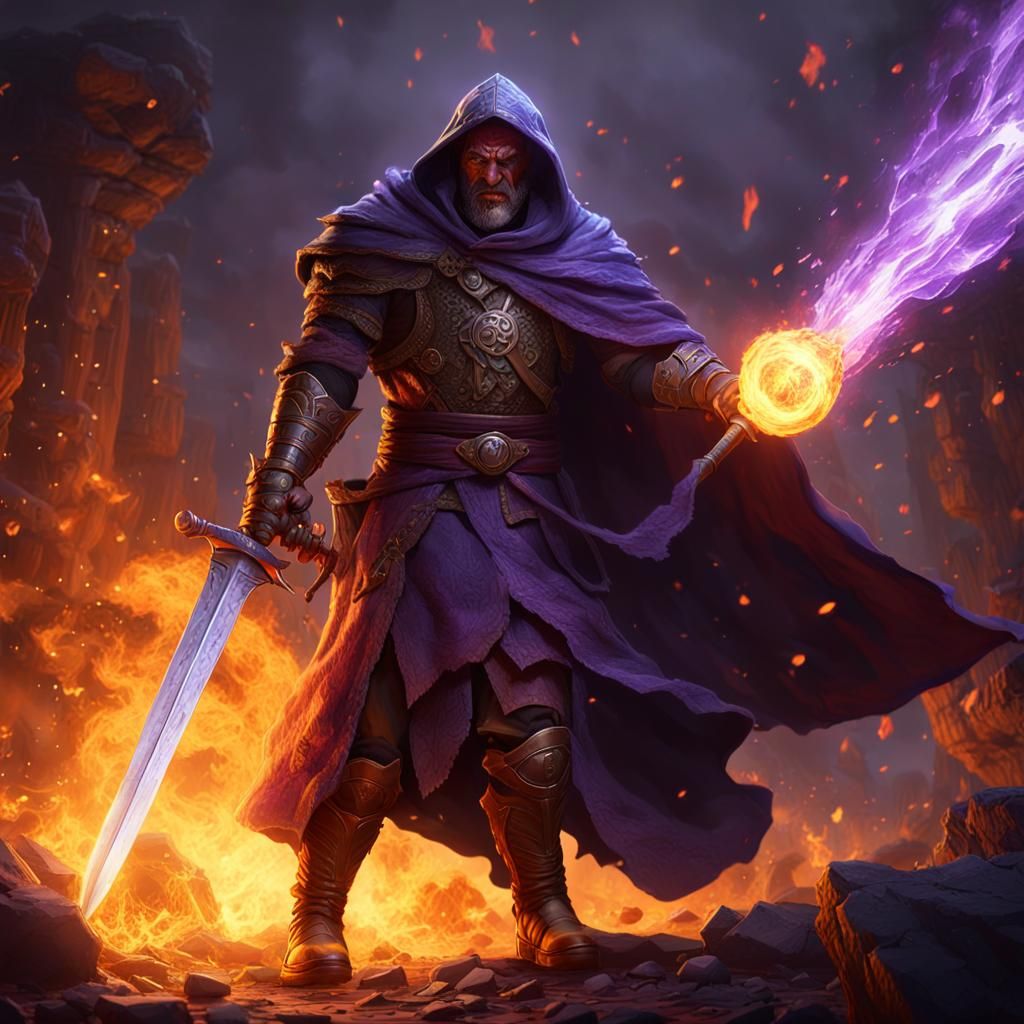 Fighter Mage Unleashes Fireball in Dark Fantasy Art