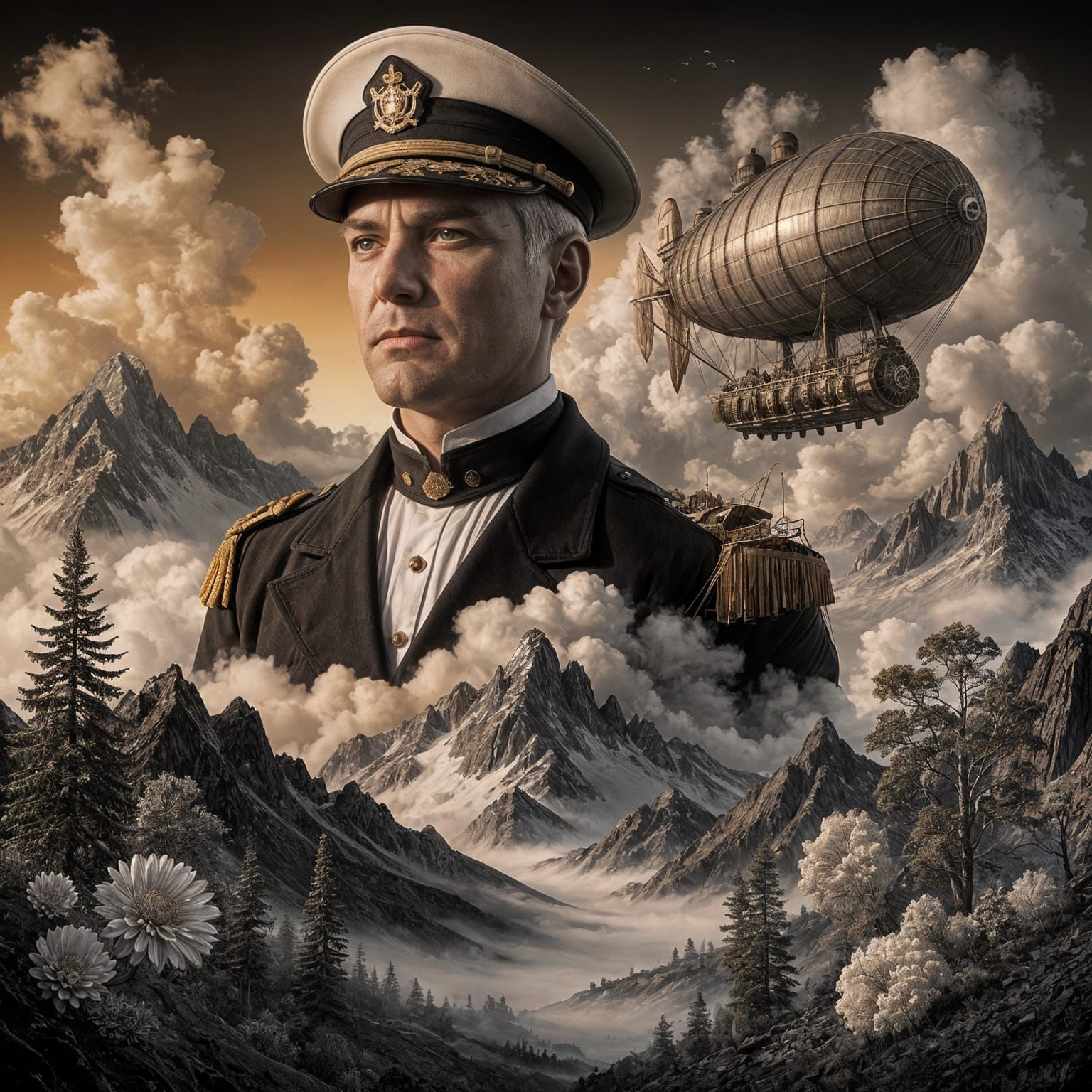 Victorian Captain Merges with Dreamlike Landscape